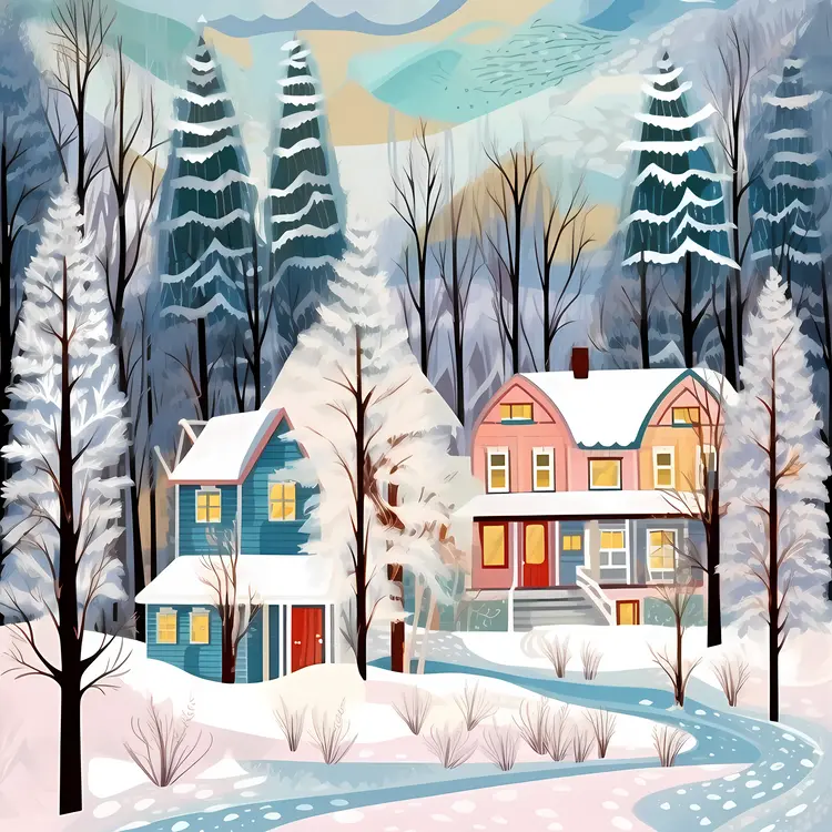 Snowy Houses in Winter Forest
