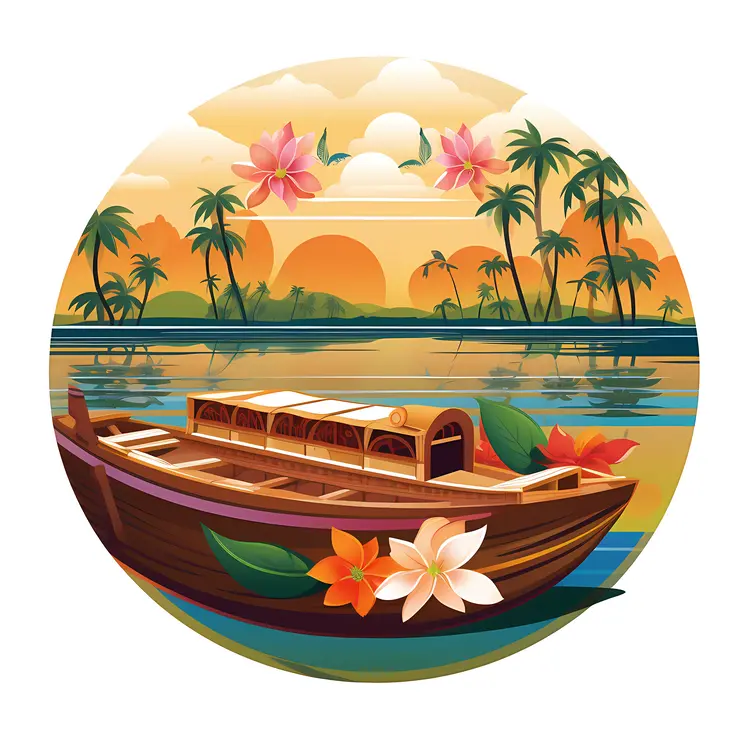 Boat with Flowers at Sunset on a River