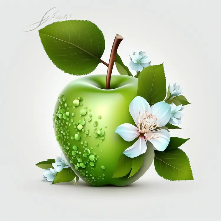 Beautiful Green Apple with Leaves and Flowers
