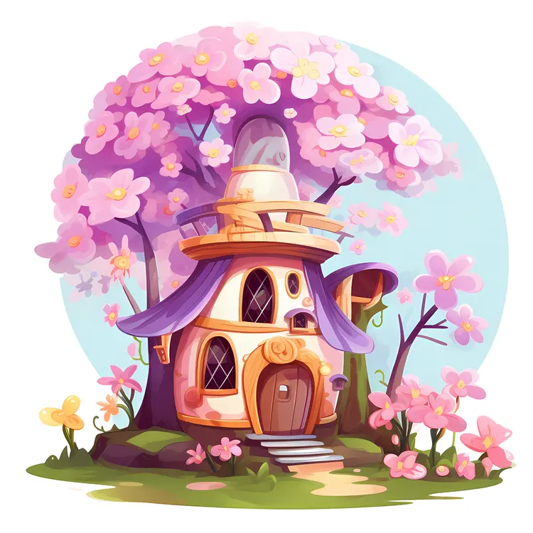 Whimsical Fairy Tale House with Blossoming Tree