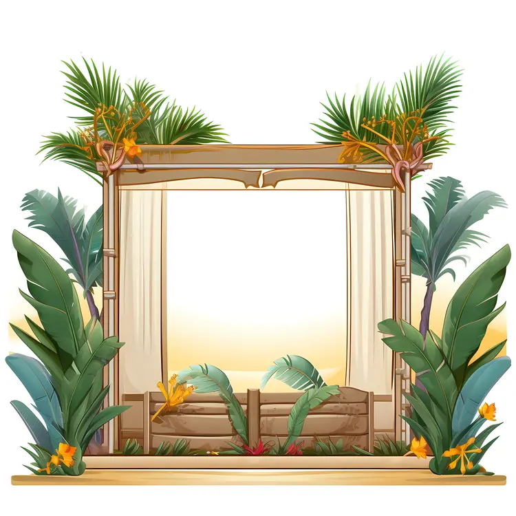 Tropical Bamboo Frame with Curtains and Plants