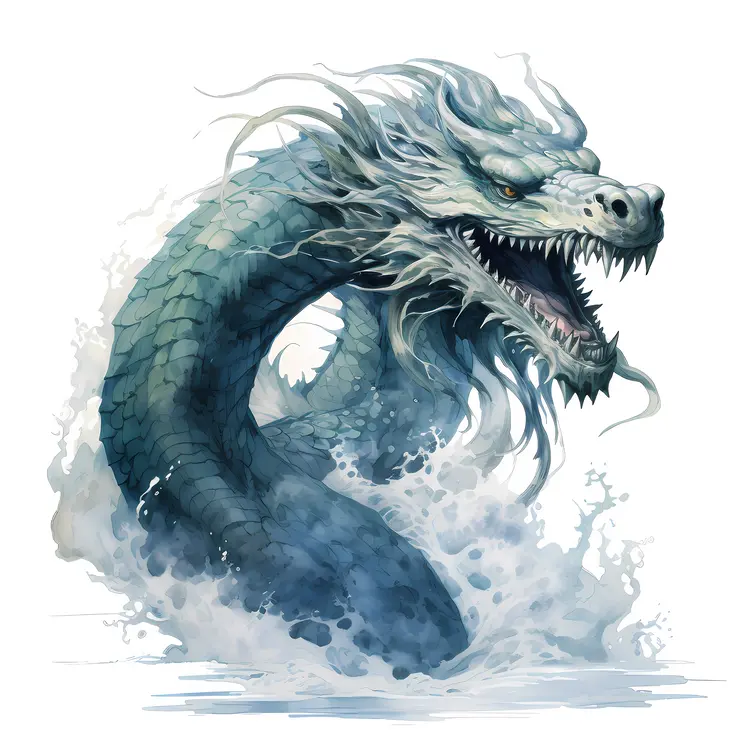 Blue Dragon Emerging from Water in Mythical Illustration