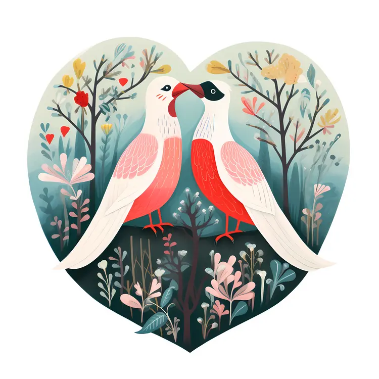 Romantic Love Birds in Heart-Shaped Nature Scene