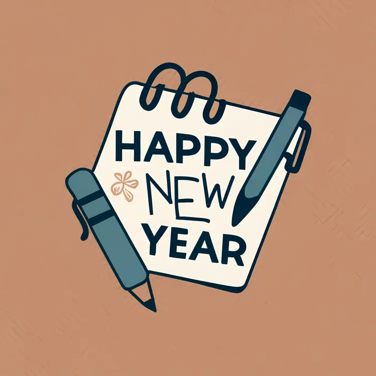 Happy New Year Greeting with Notebook and Pens