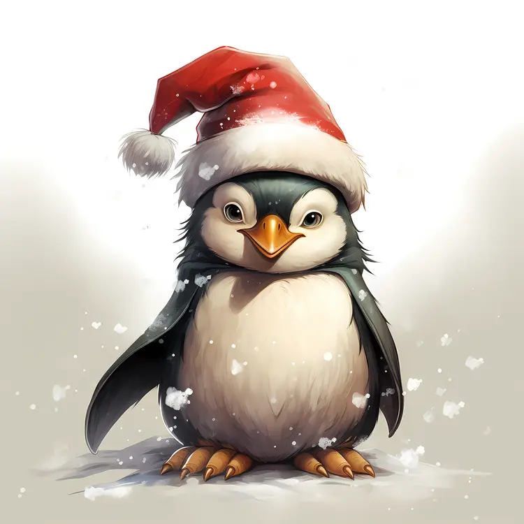 Adorable Penguin with Santa Hat in Snow