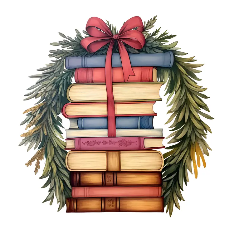 Christmas Books with Festive Wreath and Ribbon