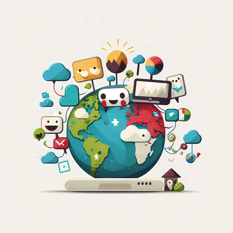 Cute Doodle Globe with Internet Icons