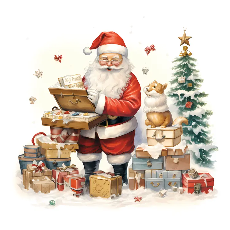 Santa Claus with Gifts and Christmas Tree