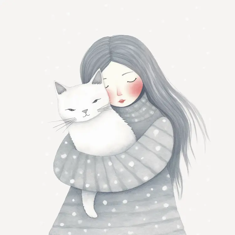 Girl Hugging a White Cat in Cozy Sweater Illustration