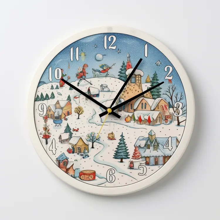 Snowy Village Clock with Winter Scene
