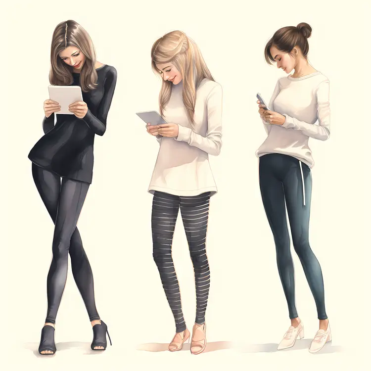 Three Women with Gadgets Illustration
