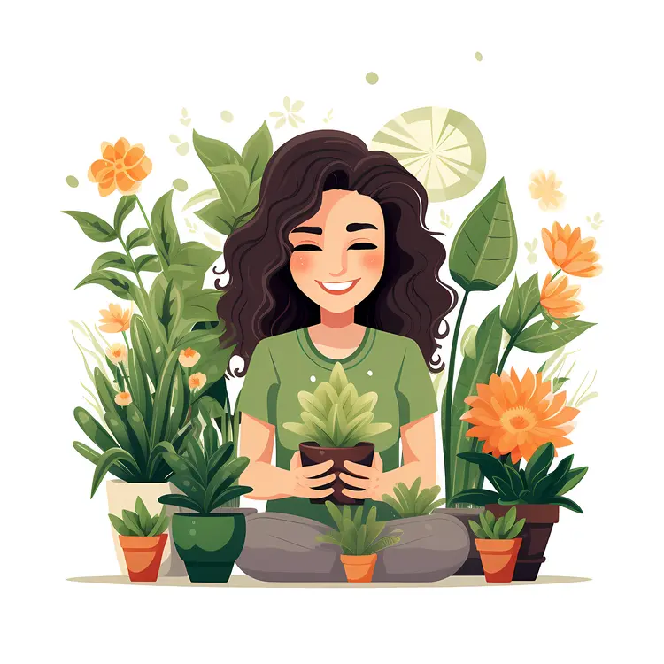 Happy Woman Enjoying Gardening with Potted Plants