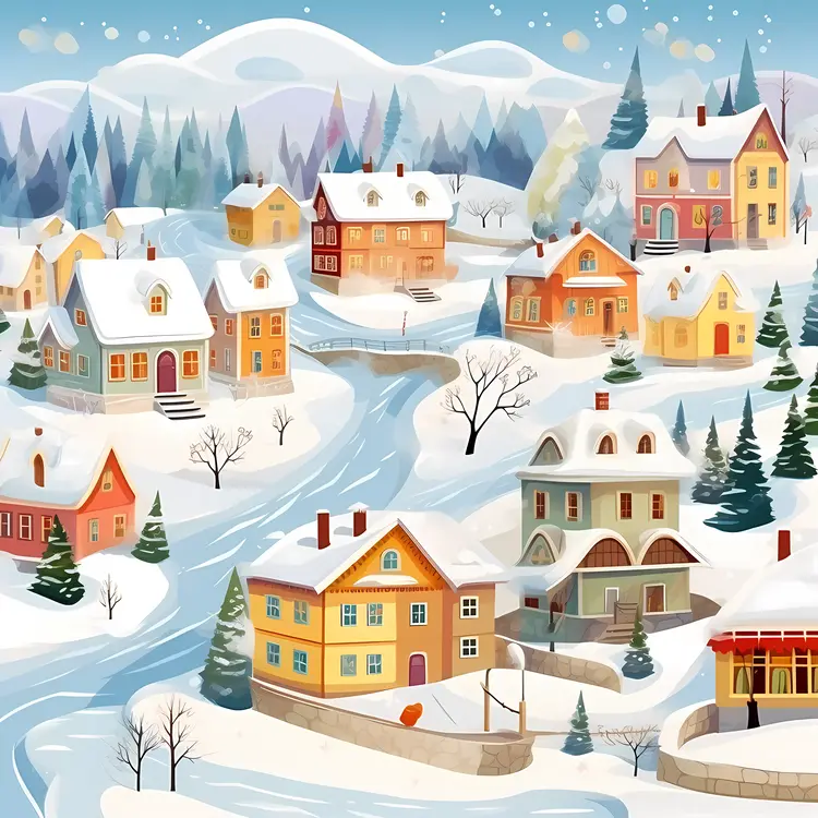 Snowy Houses in Winter Village