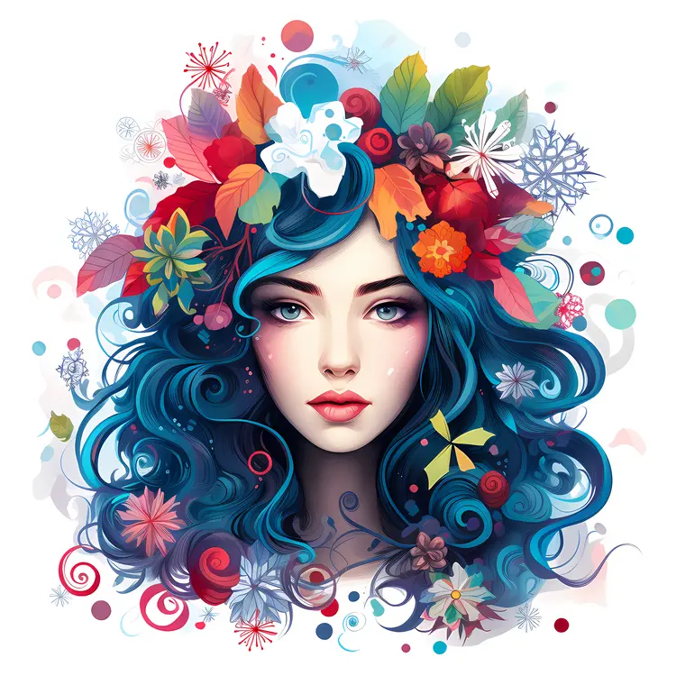 Blue-haired Woman with Floral Headpiece in Colorful Background