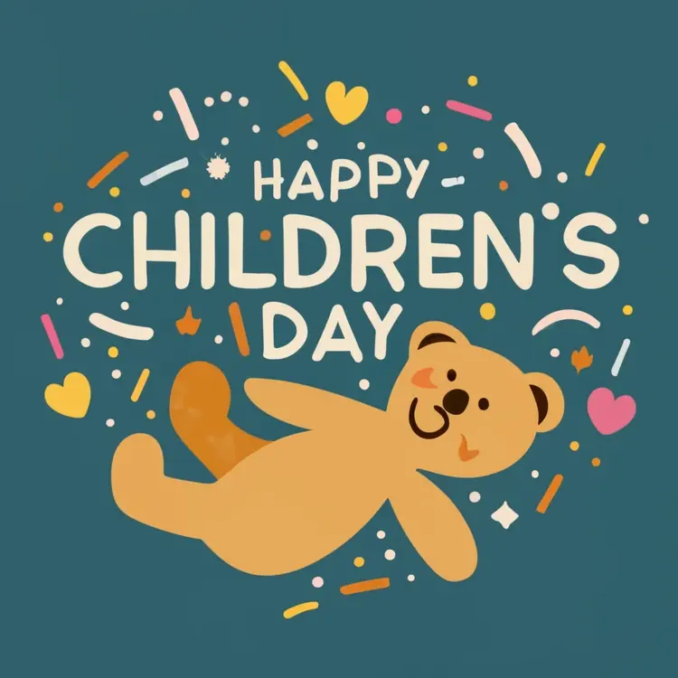 Happy Children's Day with Cute Teddy Bear and Hearts