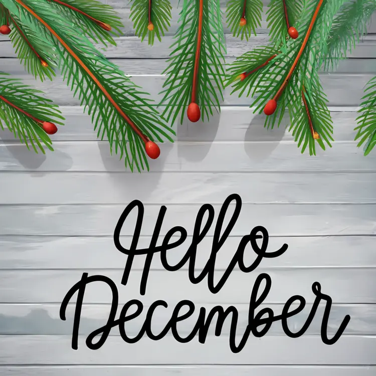 Hello December with Pine Branches and Red Berries