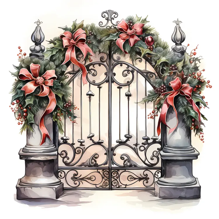 Decorated Gate with Wreath and Bow for Christmas