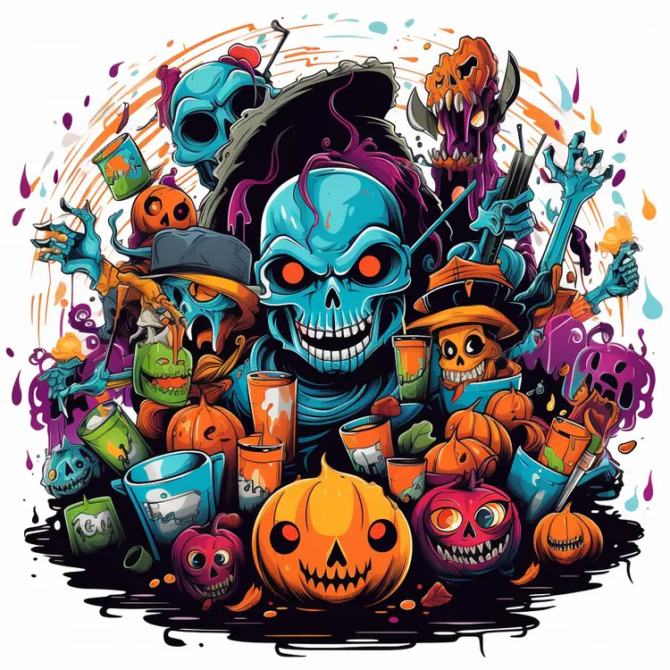 Skeleton Surrounded by Pumpkins and Candles