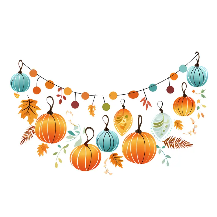 Autumn Pumpkins and Leaves Garland with Blue Accents