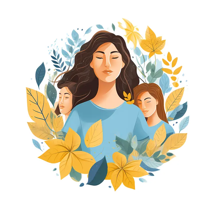 Peaceful Woman Surrounded by Leaves and Flowers