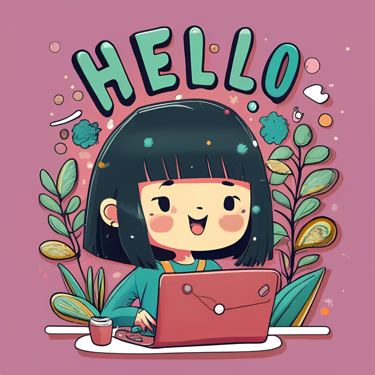 Cute Girl with Laptop and Plants Saying Hello