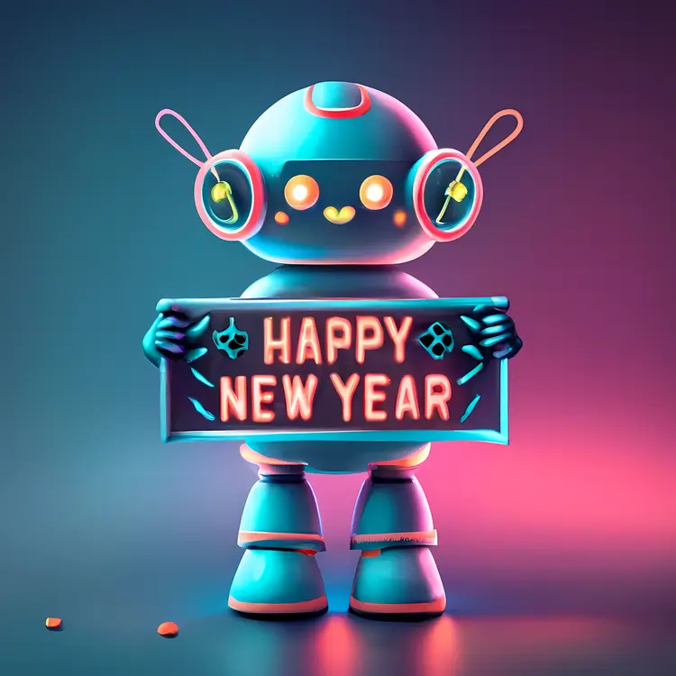 Robot Holding Happy New Year Sign