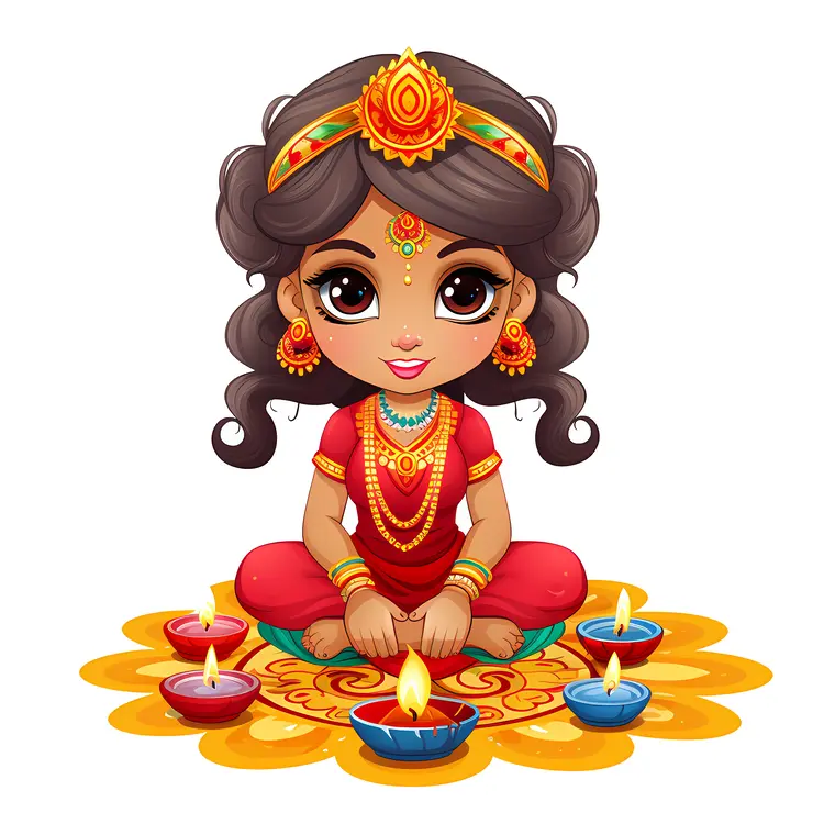 Cute Girl with Diya Lamps for Diwali