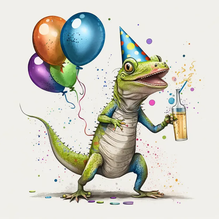 Party Lizard with Balloons and Drink