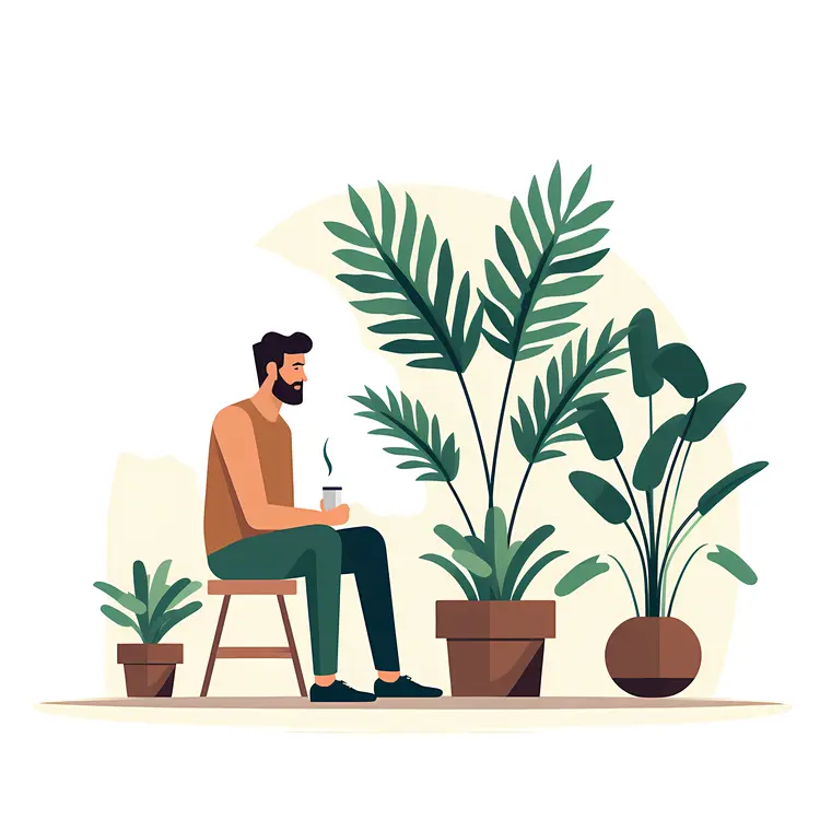 Man Enjoying Coffee with Indoor Plants