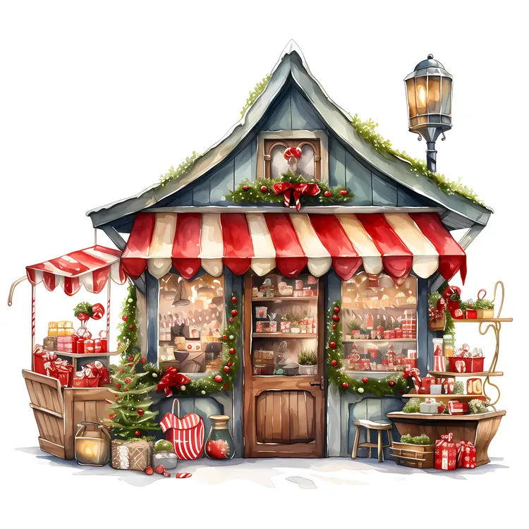 Christmas Shop with Wreath and Decorations