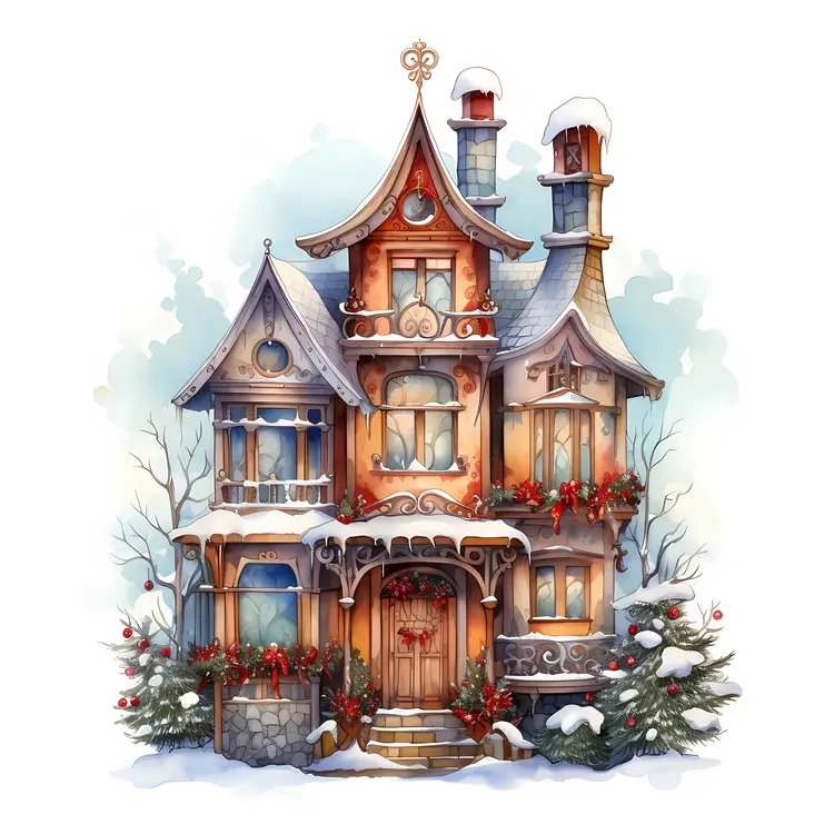 Small cute doodle house with Christmas decorations