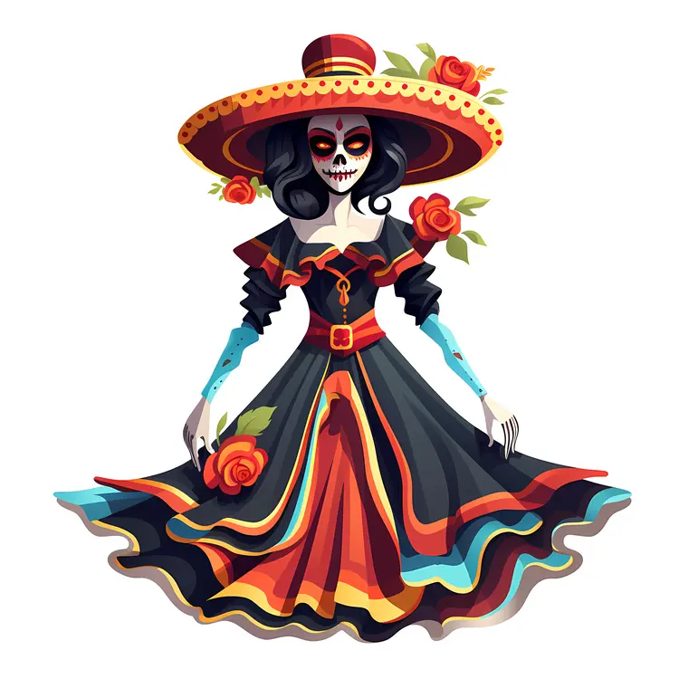 Elegant Skeleton Lady in Colorful Dress