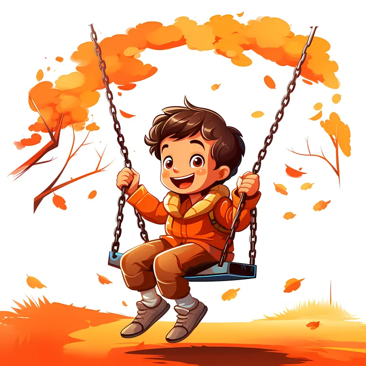Happy Boy on Swing with Autumn Leaves