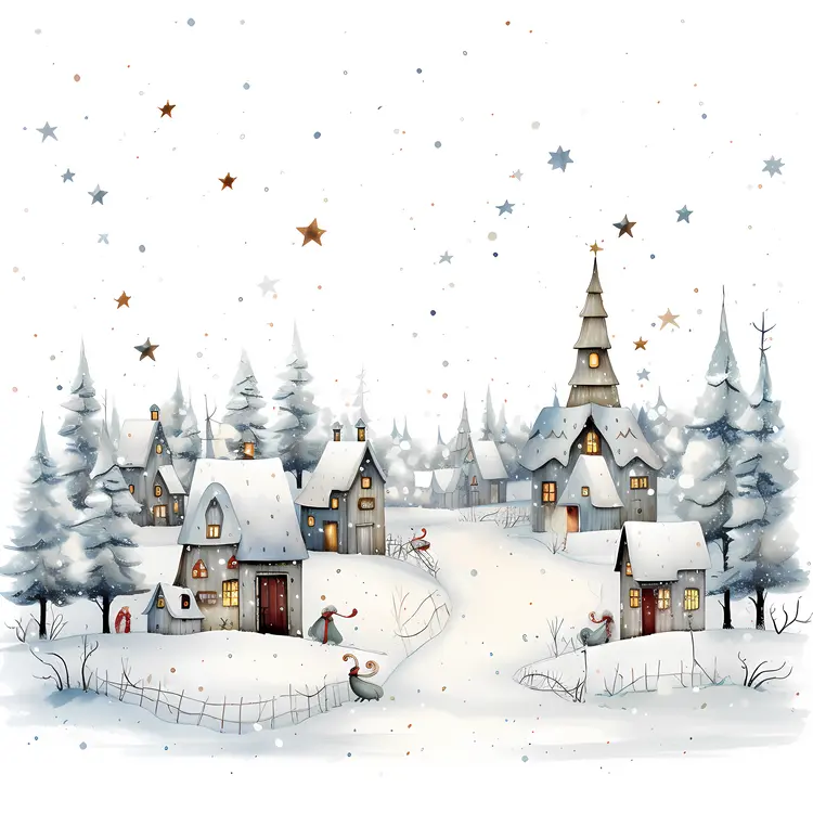 Snowy Christmas Village with Stars