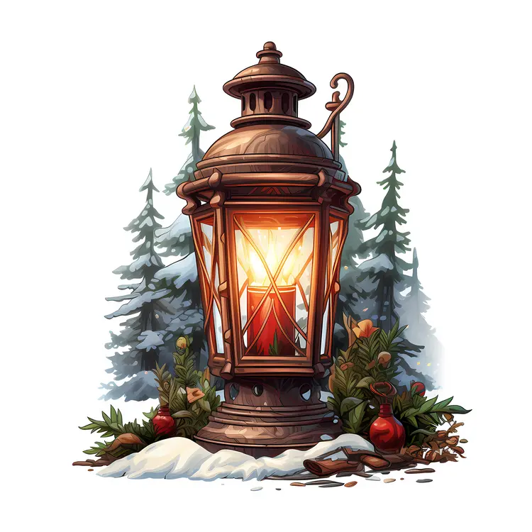 Bronze Lantern in Snowy Forest