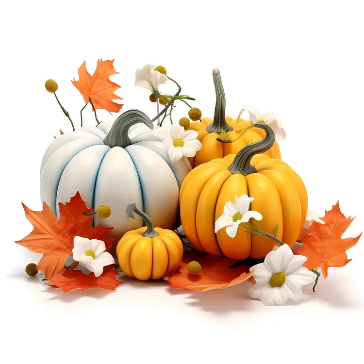 Colorful Pumpkins with Autumn Leaves