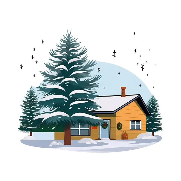 Snowy House with Pine Trees