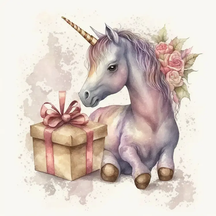 Cute Unicorn with Gift Box and Flowers