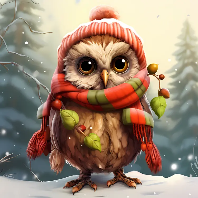 Owl in Winter Forest with Red Hat and Scarf