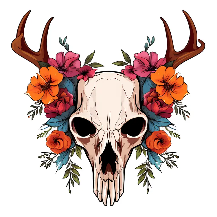 Stylized Skull with Flowers and Horns