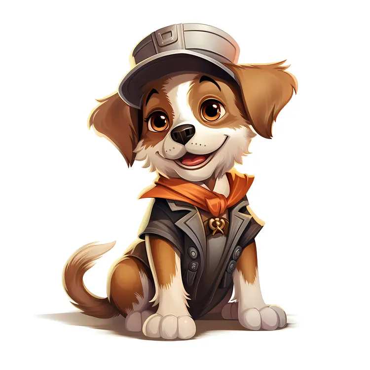 Cute Cartoon Dog in Hat and Jacket