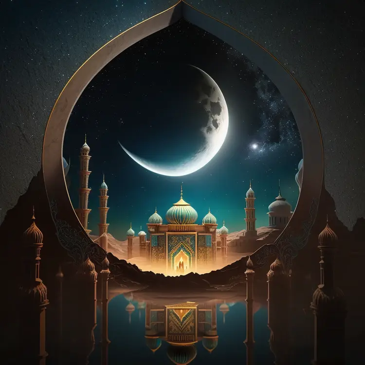 Beautiful Mosque with Crescent Moon at Night