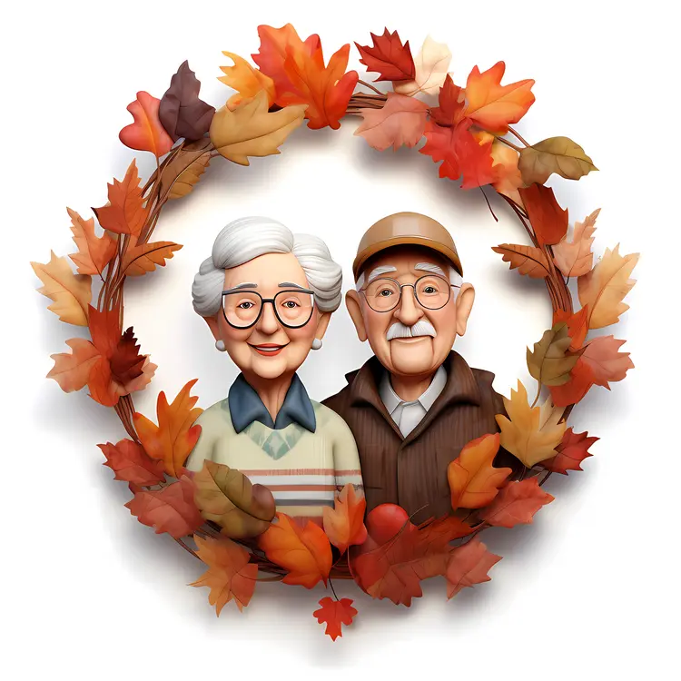 Elderly Couple in Autumn Wreath for Grandparents Day
