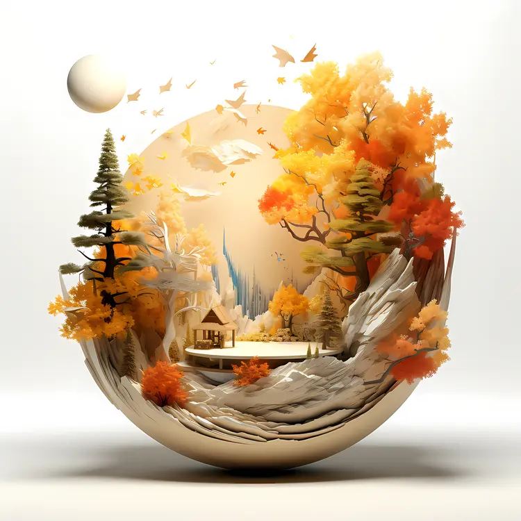 Autumn Forest Scene with Cabin and Birds