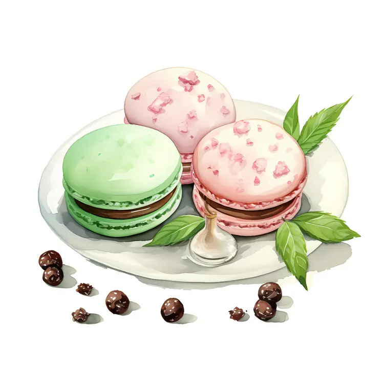 Colorful Macarons on a Plate with Leaves and Berries