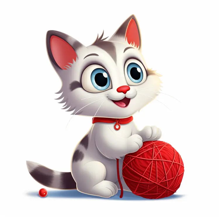 Cute Cartoon Kitten with Red Yarn Ball