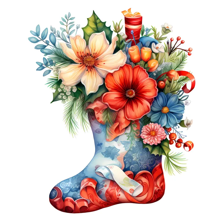 Blue Christmas Stocking with Flowers and Candy Cane