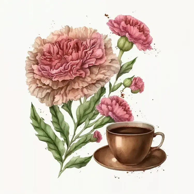 Coffee Cup with Pink Carnations Illustration