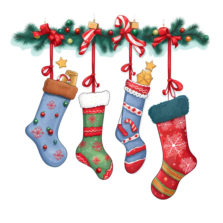 Colorful Christmas Stockings Hanging with Decorations