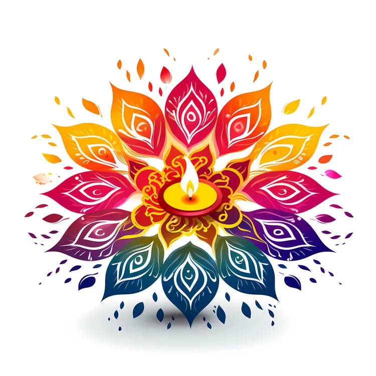 Colorful Diya with Rangoli for Diwali